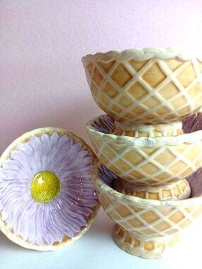 Tracy Porter Alouette Purple Flower Waffle Cone Dish Set of Four | Vtg Collectib